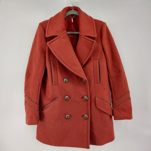 Free People Sedgwick Red Wool Peacoat Military Coat Double Breasted OB514559 - Picture 6 of 10